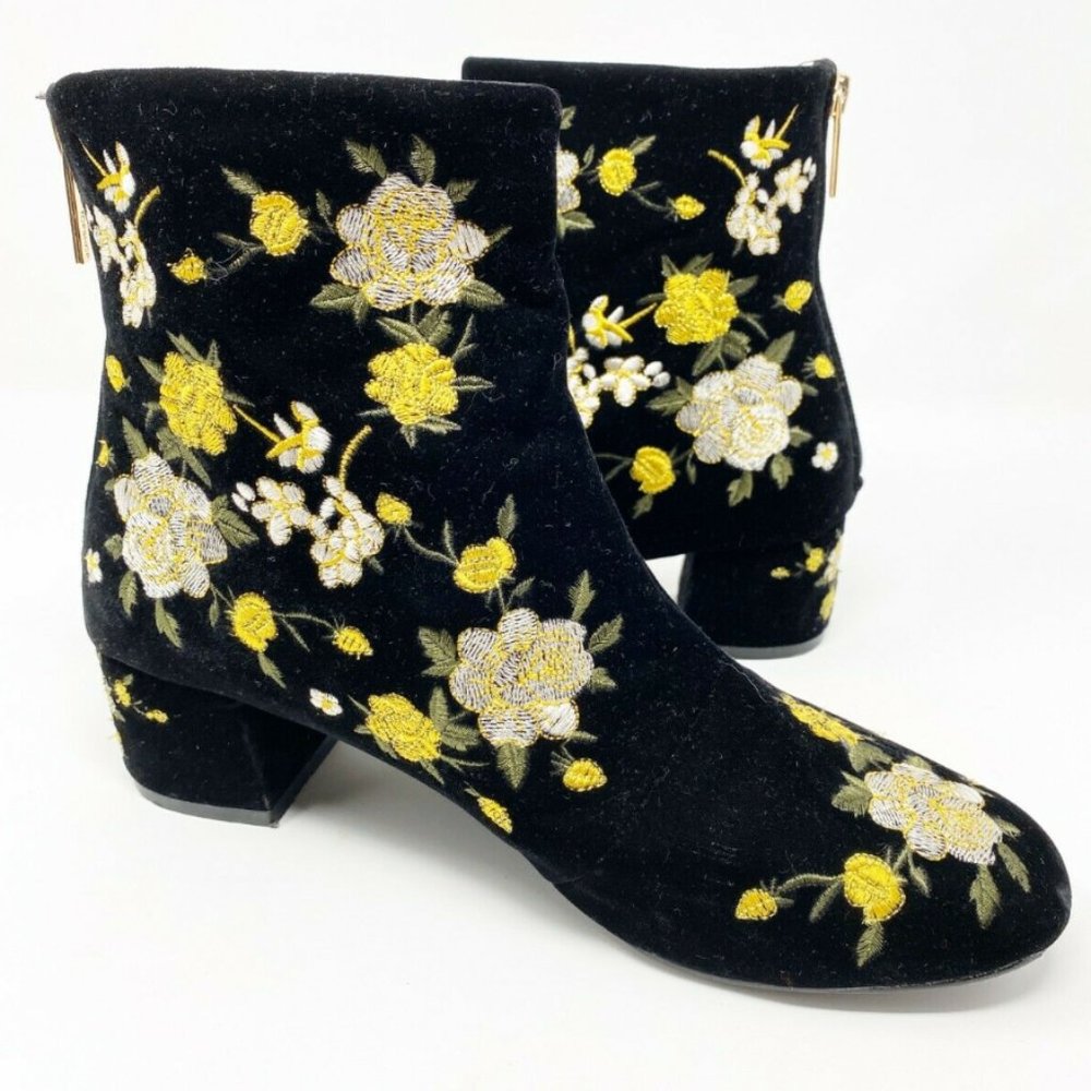 Topshop Velvet Floral Blossom Embroidered Zip Ankle Booties
